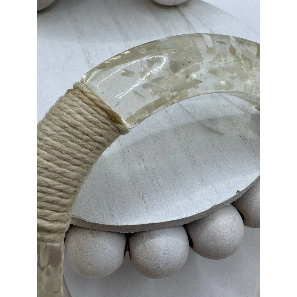 Vtg Lucite Bangle Bracelet Iridescent Inclusions Mother Of Pearl Twine Wrapped